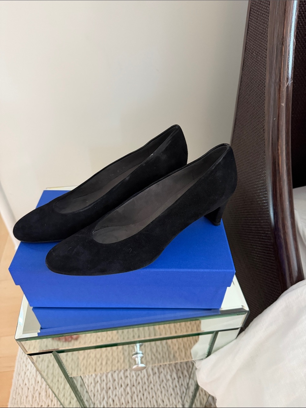 Stuart Weitzman Black Suede Mid Heel Pumps